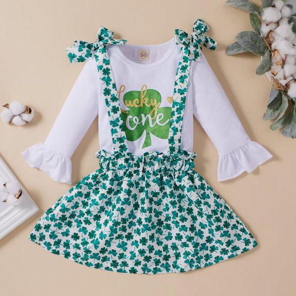 

newborn girls outfits floral printing baby girl st. patrick's day lucky clovers +bowknot suspender skirt set vetement sets, White