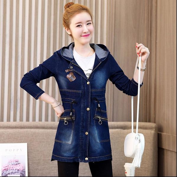 

3319 blue denim jacket windbreaker letters printed elegant jeans jacket women with hood outerwear denim long coat ladies zipper, Black;brown