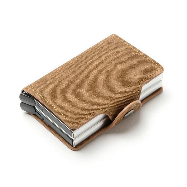 

anti theft double boxes wallet rfid blocking card holder denim business pop up metal id case purse, Red;black