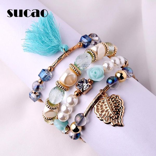 

charm bracelets bohemian style women girls gold bracelet crystal pearl rhinestone leaves tassel multilayer acero inoxidable, Golden;silver