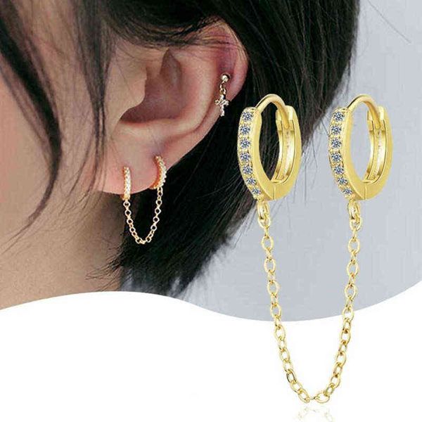 

1pcs simple stainless steel double ear hole earrings long chain hoop earring for women ear jewelry accessories gift wholesale g220312, Silver