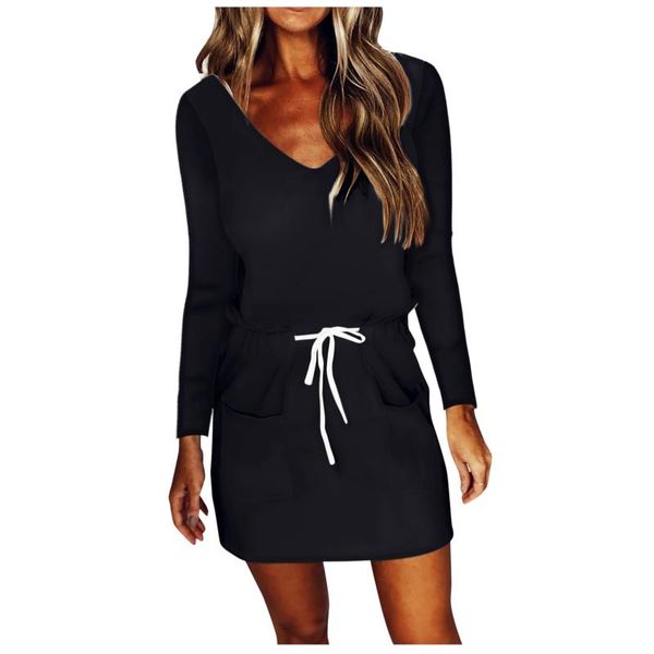 

casual dresses women mini dress with pocket summer long sleeve v-neck beach style daily loose robe femme, Black;gray