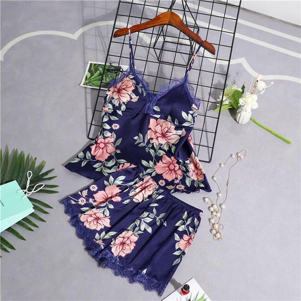 

2 piece women pajamas stain lace sleepwear floral strap pyjama sling summer silk pajama woman shorts homewear, Black;red