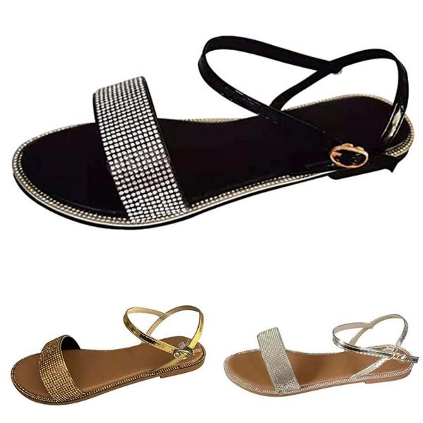 

sandals lady rhinestone summer low-heeled slippers metal rear buckle round toe shoes woman casual party banquet, Black