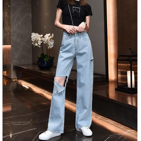 

women's jeans cgc 2021 high waist woman cotton wide leg loose denim pants vintage autumn boyfriend hole female y2k trousers, Blue