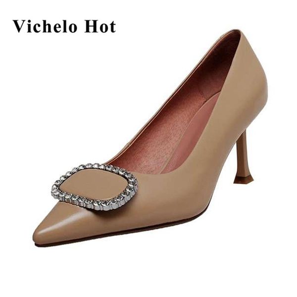 

dress shoes vichelo large size genuine leather pointed toe high heels rhinestone gorgeous street fashion slip on women pumps l22, Black