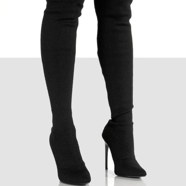 

boots unique women over the knee 2021 style long tube pointed stiletto elastic socks plus size 36-43, Black