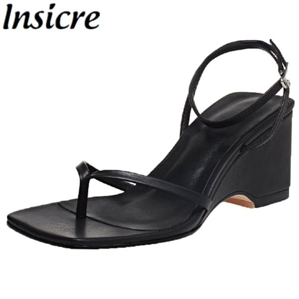 

sandals insicre 2021 summer wedges women cow leather square toe buckle flip flops high heel shoes black handmade fashion