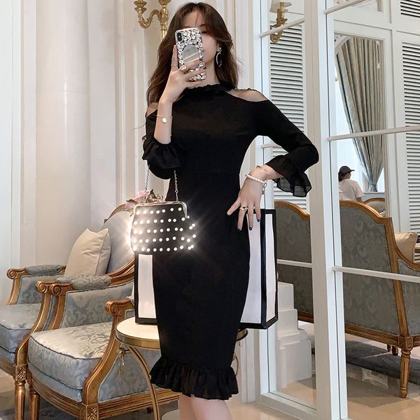 

autumn spring lady thin knitted cotton lotus slim waist enlargement three quarters female sleeve ta352 dx8g, Black;gray