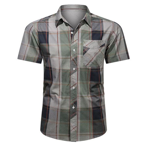 

men's casual shirts 2021 men summer 100% cotton military plaid shirt short sleeve cargo spring single breasted business, White;black