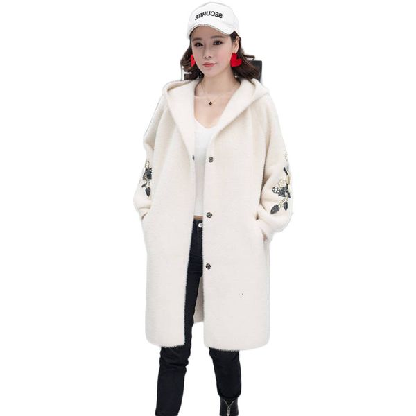 

2021 new autumn winter women embroidery hooeded faux mink long cardigan sweater female thick warm knitted wool coat casaco k106r065, Black