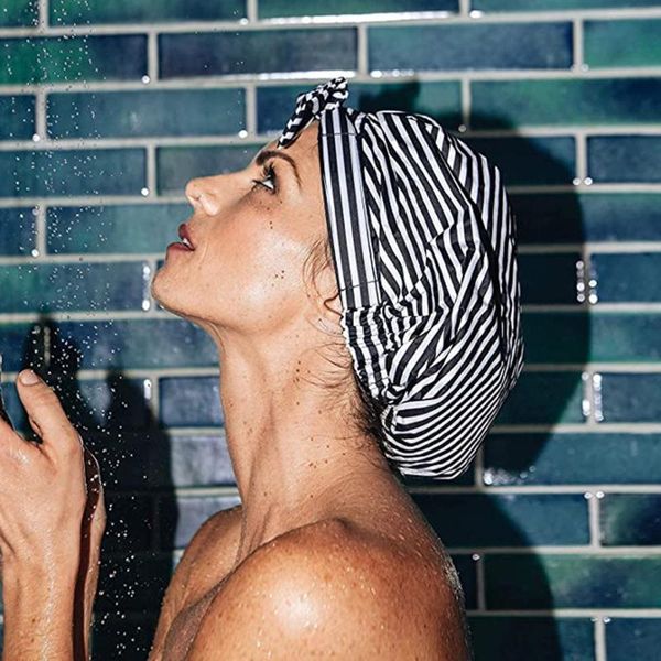 

shower cap for women hair caps for shower reusable cap long hair large turban (stripe leaves flowers)