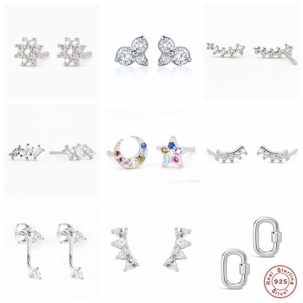 

stud gs 925 sterling silver rainbow zircon star moon earrings for women earring climber ear crawlers crystal flower studs, Golden;silver