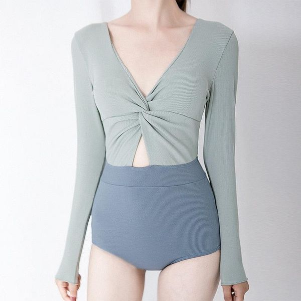 

lady swim suit long sleeve v-neck light green & blue one piece swimsuit