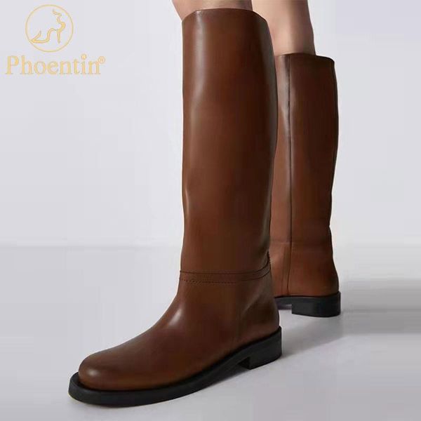 

boots phoentin women's brown riding mid thick heel round toe shoes knee high autumn winter long boot big size 42 ft1733, Black