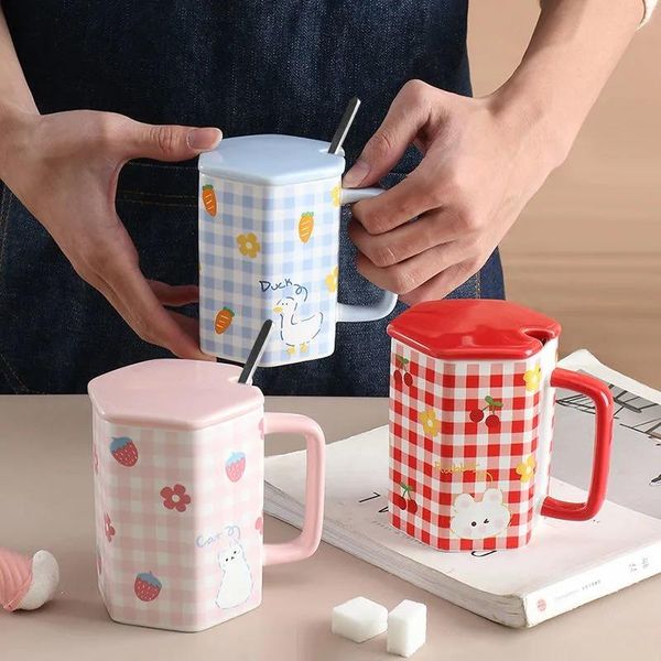 

mugs 400ml cartoons coffee mug spoon with lid cute animal girl gift office decorations couple milk hexagonal cup tumbler