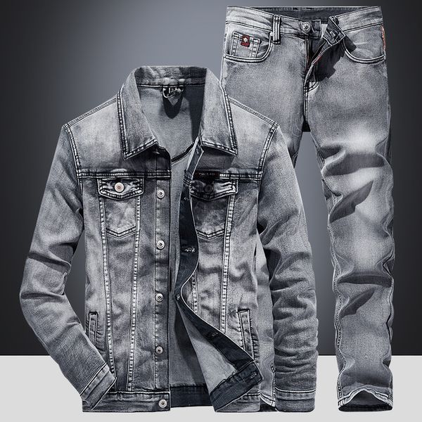 Conjuntos de calças masculinas casuais de negócios 2 peças Design simples Jaqueta jeans de manga longa e jeans Primavera outono Roupas masculinas justas elásticas