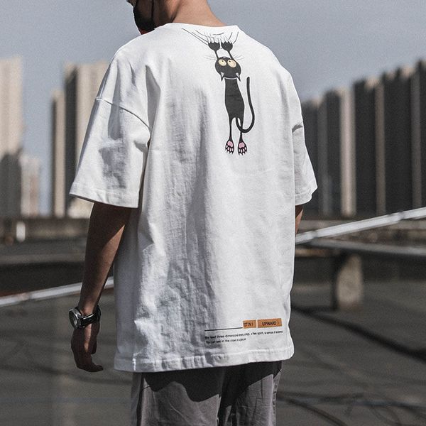 

summer new cat print t-shirt mens short sleeve trendy brand trend half sleeve loose couple t-shirt, White;black