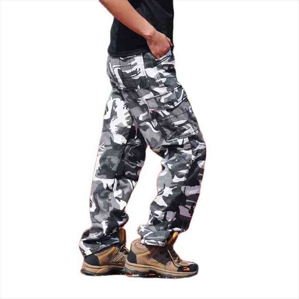 

loose baggy camouflage cargo pants for men casual military style many pocket trousers streetwear outdoor joggers man clothing, Black