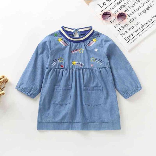 

ins children's clothing autumn middle and small girls' star embroidery contrast rib dress, Red;yellow