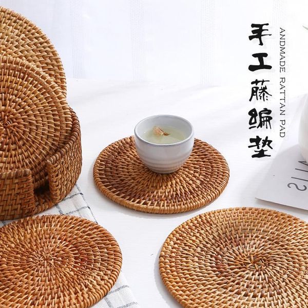 

mats & pads 1pc round natural rattan coasters bowl pad handmade insulation placemats table padding cup kitchen decoration accessories