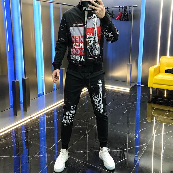 

men's tracksuits fashion brand 2021 autumn suit personalized figure printed cardigan long sleeve pants two piece set, Gray