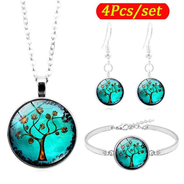 

earrings & necklace tree of life art po cabochon glass jewelry set fashion bracelet earring sets for women gifts, Silver