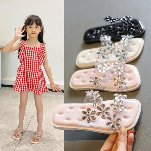 

sandals girls shoes slippers rhinestones flowers princess summer beach girl non-slip bathroom, Black;red