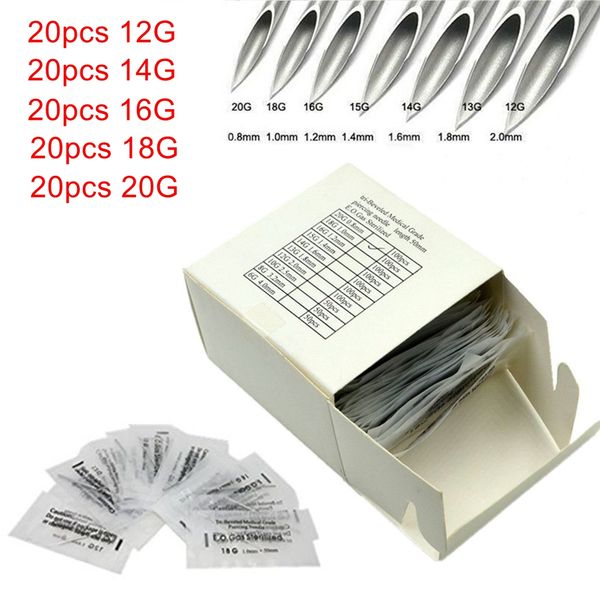

100pcs piercing needles mixed size 12g 14g 16g 18g 20g sterile body piercing needles for tattoo permanent makeup ing