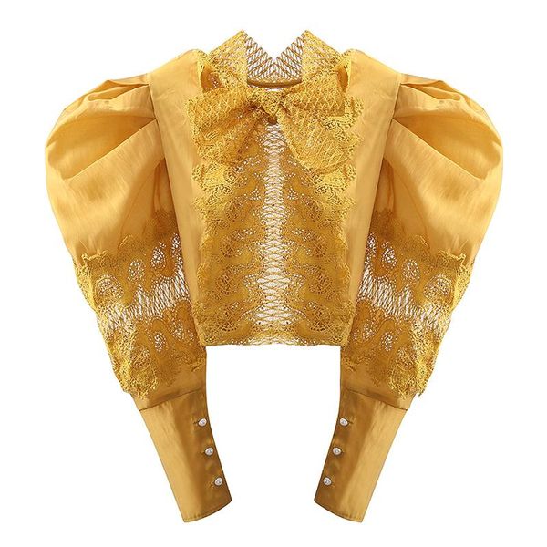 

sondr 2021 autumn new arrivals long puff sleeve bow collar lace hollow out short blouse women top, White