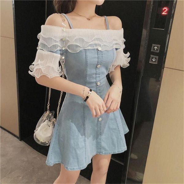 

casual dresses women mesh patchwork ruffles off shoulder spaghetti dress summer 2021 short sleeve front buttons slim for, Black;gray