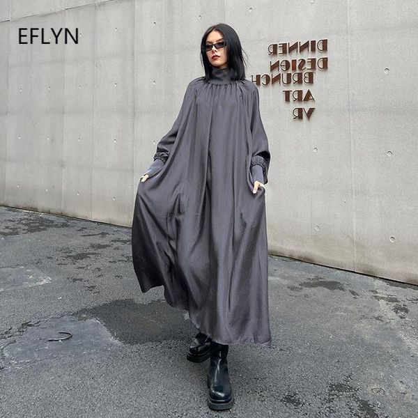 

casual dresses harajuku dress women spring summer long plus size textured long-sleeves loose stand neck a-line gohtic style, Black;gray