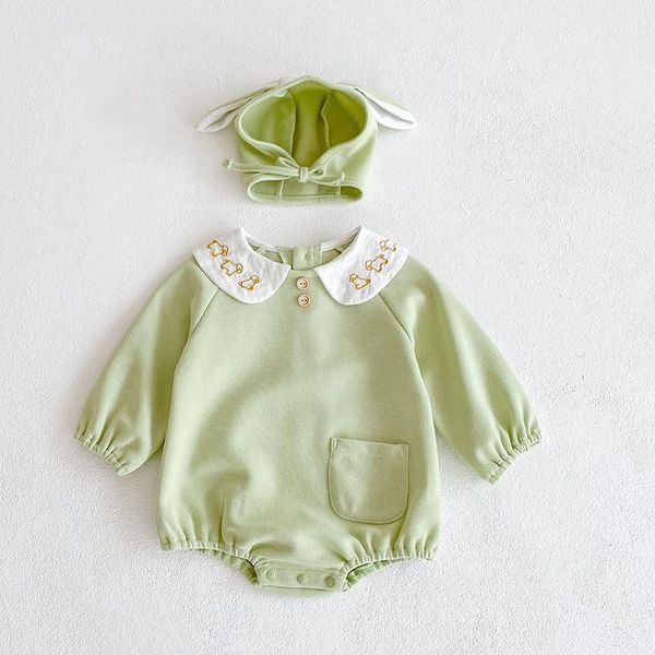

rompers born baby girl clothes autumn dog embroidery collar bodysuit infant outfits kids long sleeve jumpsuit with hat 0-24m, Blue