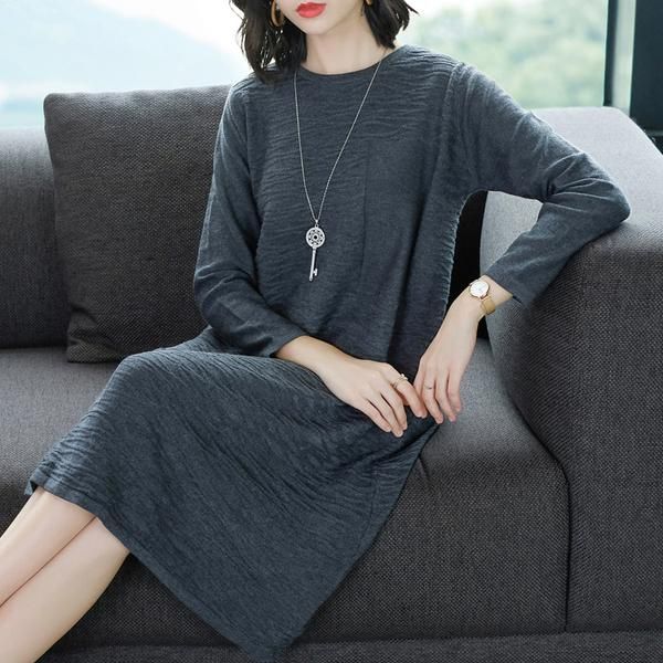

casual dresses coigarsam women dress autumn 2022 brief office lady knitting long sleeve loose solid o-neck light grey robe, Black;gray