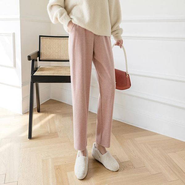 

2021 autumn winter new women's solid knitted pants loose slimming casual straight pant female elasic long trousers sweatpants, Black;white