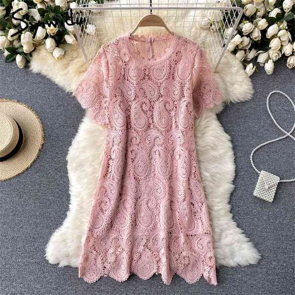 

lace dress for women summer korean fashion hollow out o neck casual a-line pink black midi dresses with camis 210607, Black;gray