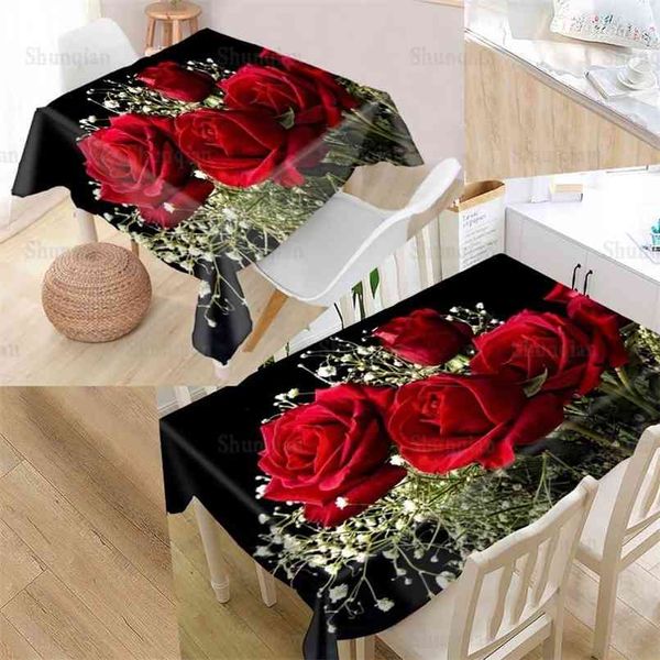 Custom Flower Rose Table Pano Oxford Imprimir Retangular À Prova D 'Água à prova de Óleo de óleo Pano de casamento quadrado 210626