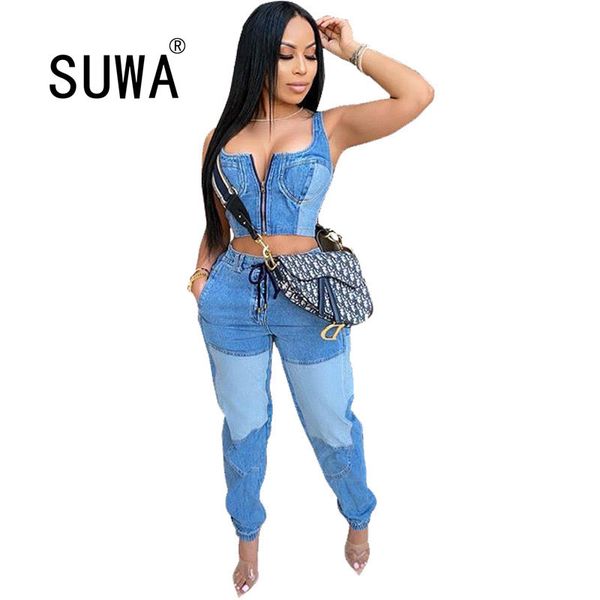 

product denim outfits for women two piece set jeans vest + high waist drawstring harem pants suit clubwear tracksuit 210525, White