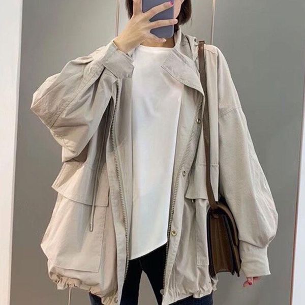 

women's trench coats women solid color short coat, Tan;black
