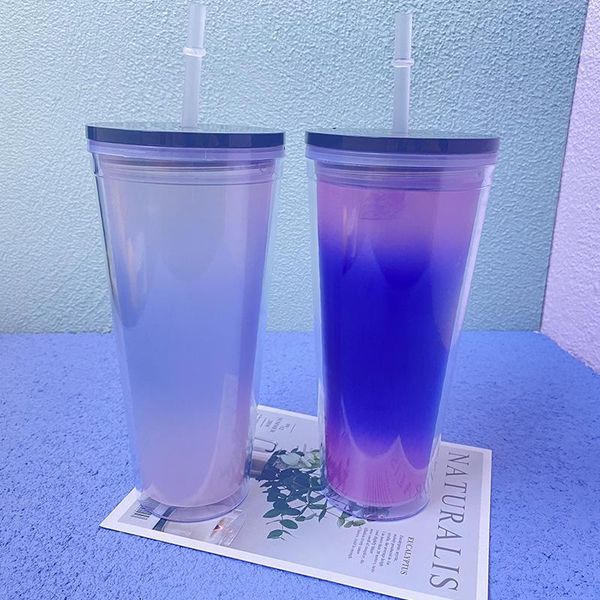 

mugs 710ml fashion creative double rainbow color changing cup plastic straw easy clean portable travel water bottle with lid
