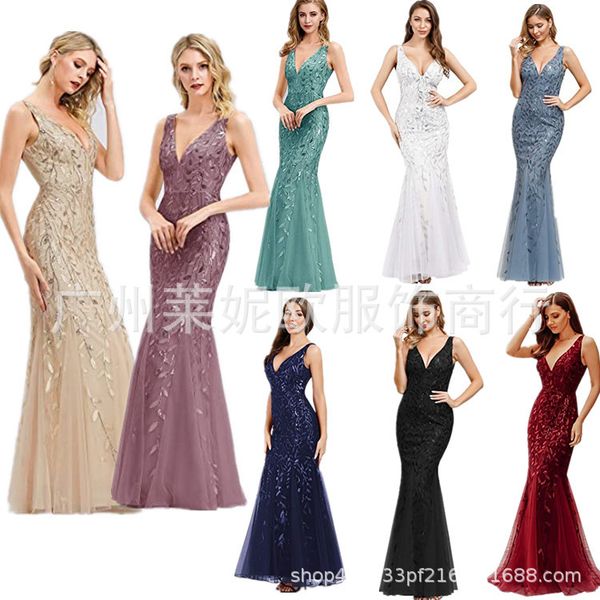 

2021ss v-neck embroidered slim fishtail evening dress female, White;black