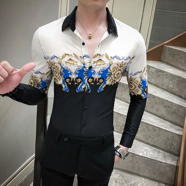 

2021 spring long british sleeve thin fit shirts with men's clothing gold print streetwear social shirt casual qwha, White;black