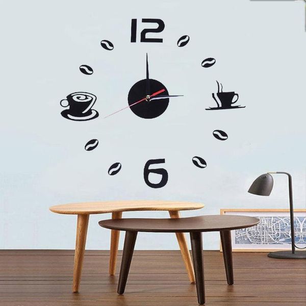 

wall clocks self adhesive kitchen 3d analog home waterproof clock art diy mute modern mirror coffee cups decor