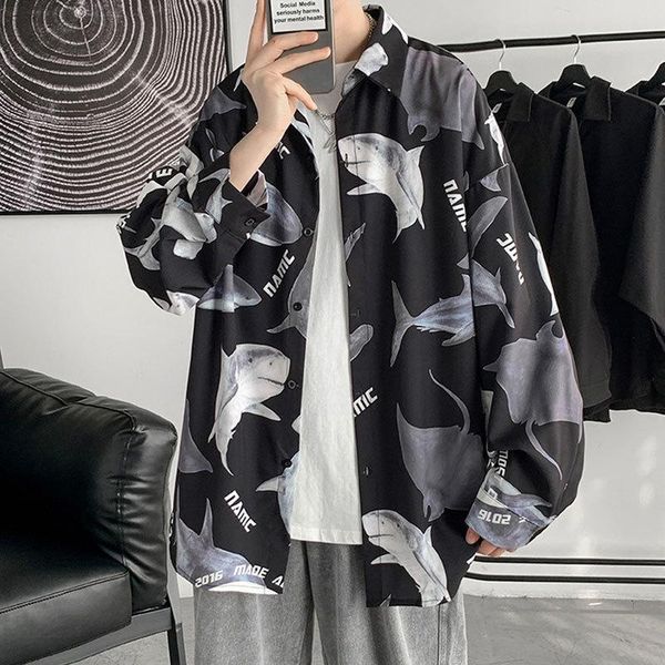 

men's casual shirts 2021 long sleeve shirt daily spring and autumn print white black fashion mens turn-down collar