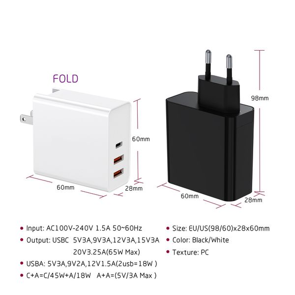 

pd 65w 1c2a charger type c power delivery phone charger us eu qc3.0 18w usb fast wall charger
