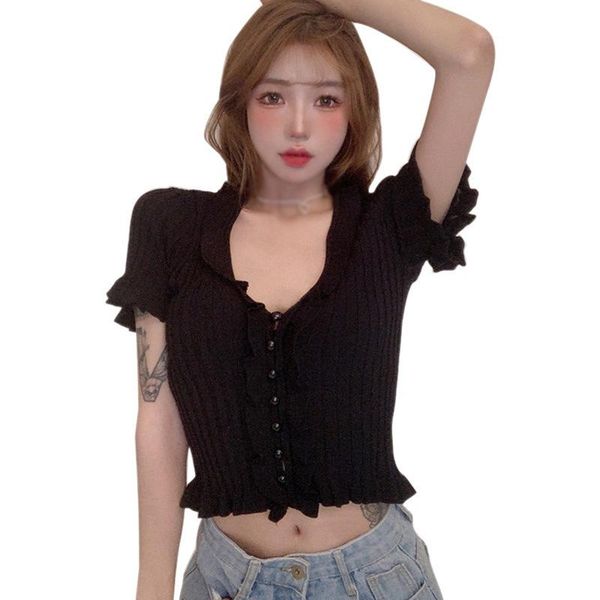 

women's t-shirt women fashion v-neck button vintage ruffled tshirt knitted slim short sleeved summer korean style tee, White