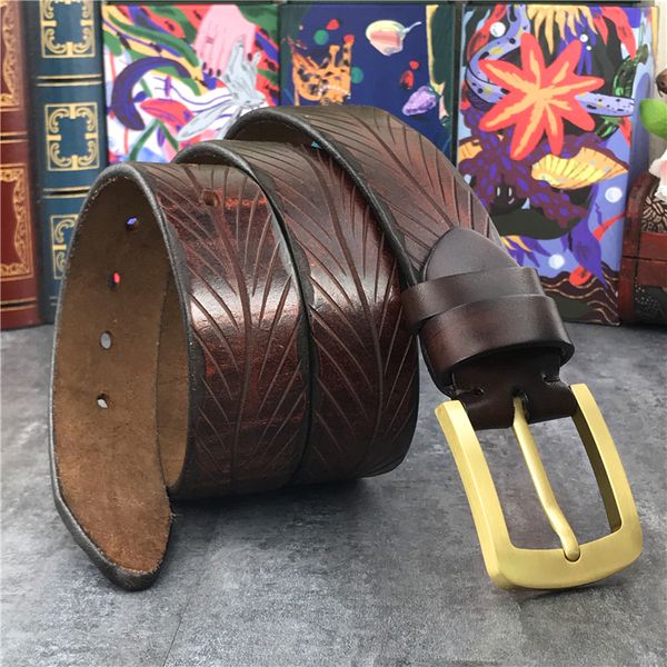 

2021 new luxury hand carving super thick cinturon mujer retro belts leather wide belt men brass buckle strap mbt0595 75k0, Black;brown