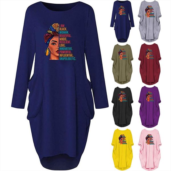 

summer print loose womens dress long sleeve casual pocket o neck mid calf daily vestidos mujer verano, Black;gray