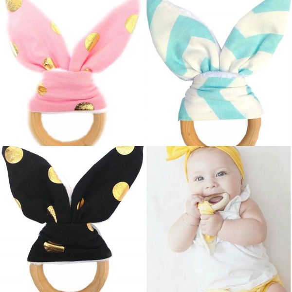 

ins handmade baby teethers 60 colors chevron natural wood circle with rabbit ear fabric newborn teeth practice toys training ring 666 k2