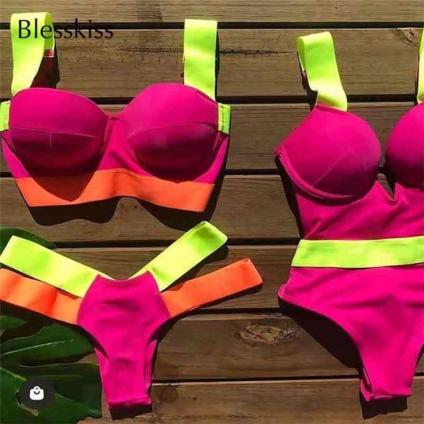 BLESSKISS Sexy Bikini Push Up Costume da bagno donna Perizoma Cut Out Fasciatura al neon Costumi da bagno brasiliani Costume da bagno Costume da bagno 210629